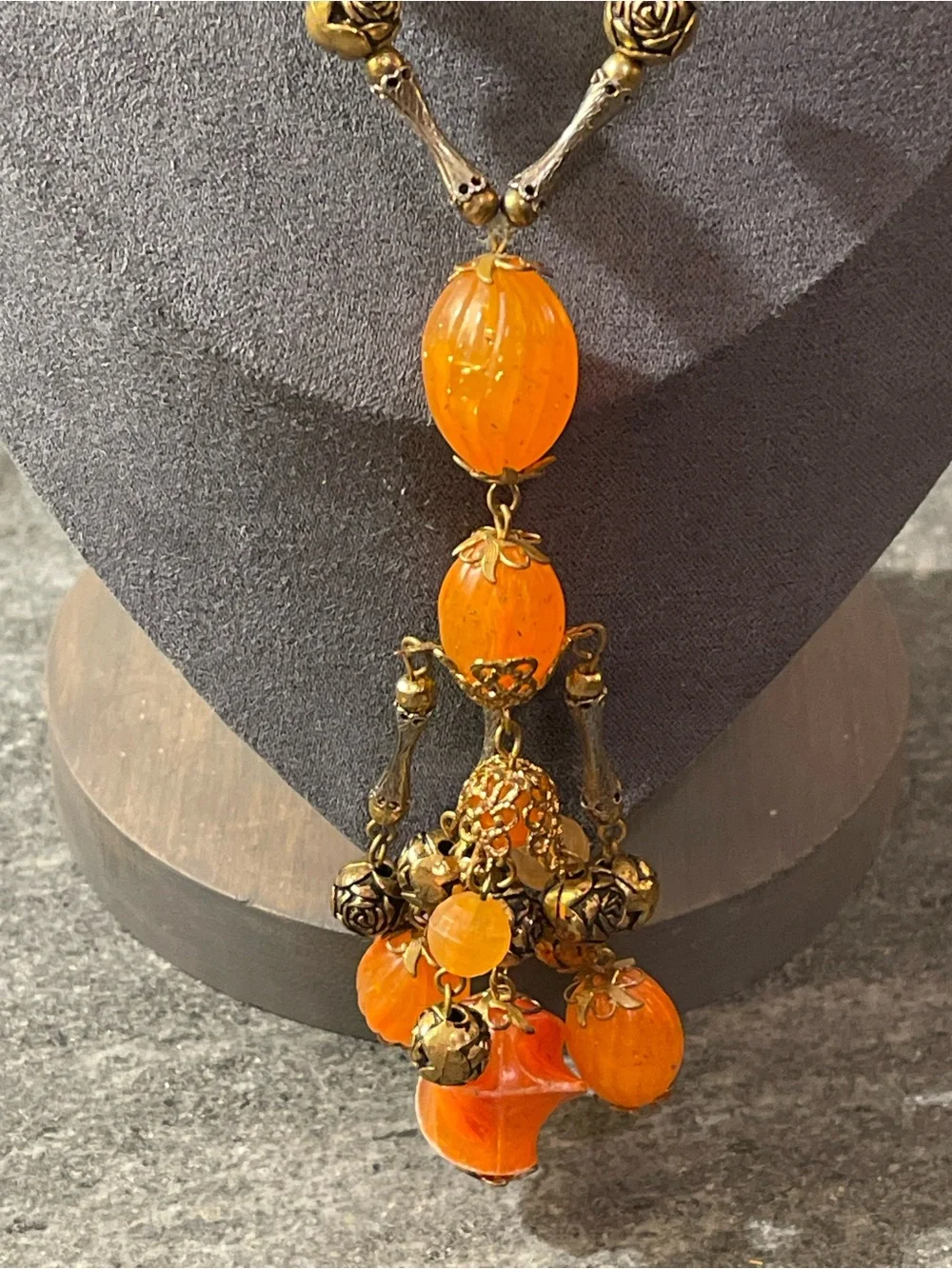 VTG‎ 1970s Orange Lucite & Brass Beaded Tassel Y Necklace Boho Statement Piece